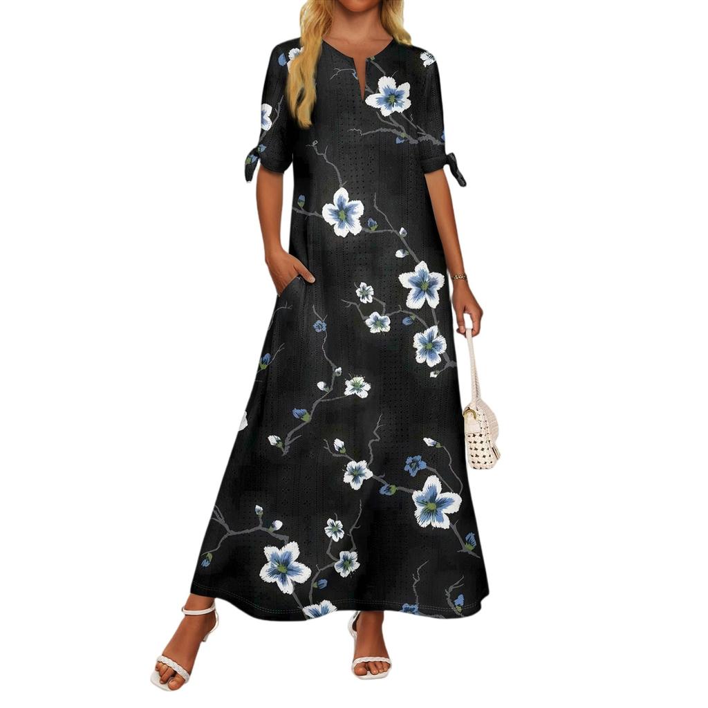 Ladies Casual Fashion Temperament Elegant Waist Patchwork Print Long Dress