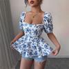 Women S Slim Fit Floral Print Short Sleeve Top Square Neck