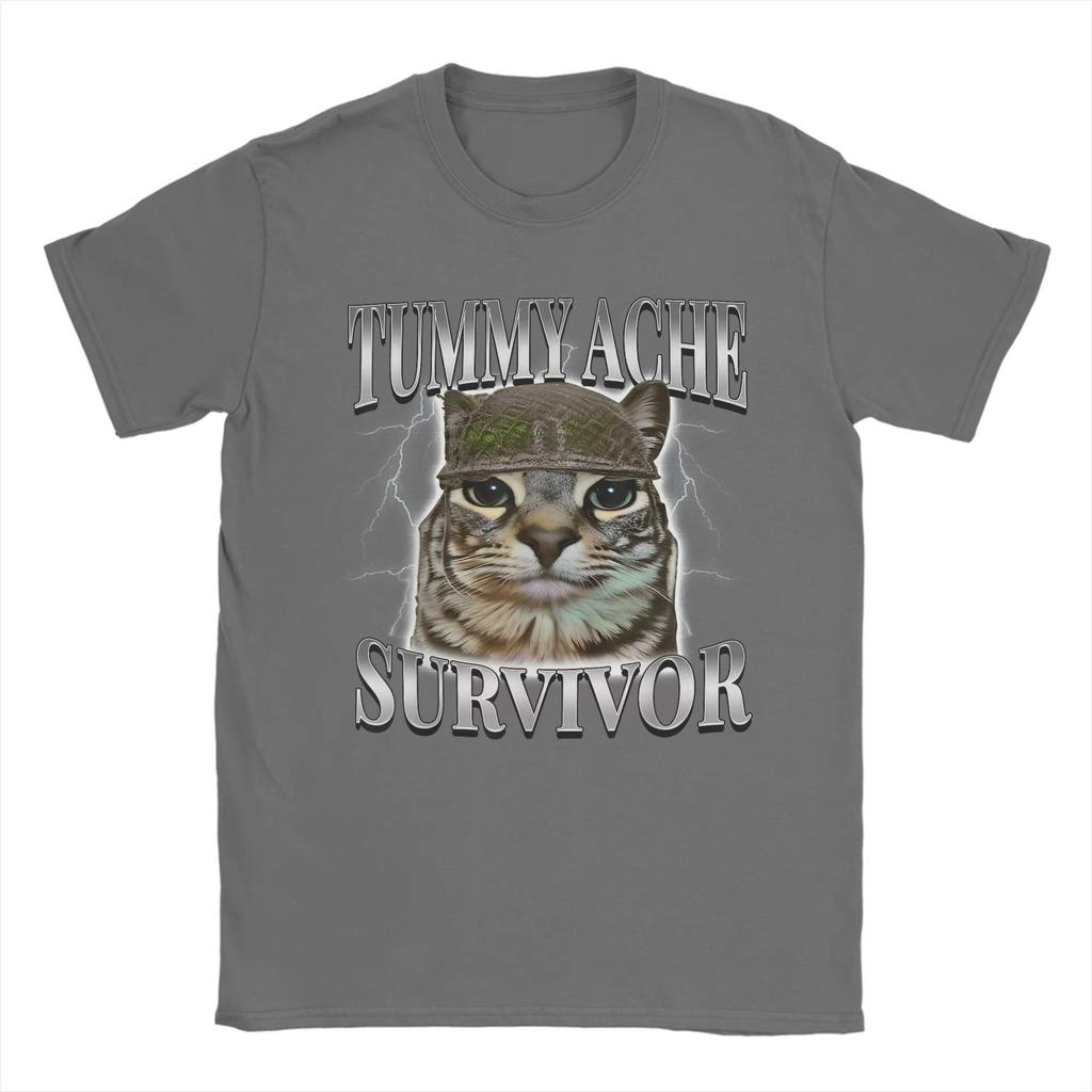 Tummy Ache Survivor Cat Meme Funny Saying Cats Animals T Shirt Summer Pure Cotton TShirts for Unisexs Trending Casual Tee Shirt