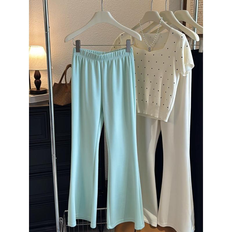 

Simple solid color pendant slightly pulled casual pants women s summer new versatile elastic high-waisted thin trousers M мятный зеленый