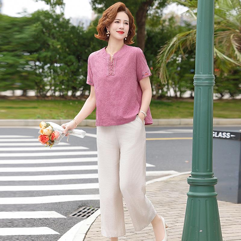 Elegant Plus Size Cotton-Linen Embroidered Short-Sleeve Suit for Summer 2026 XL