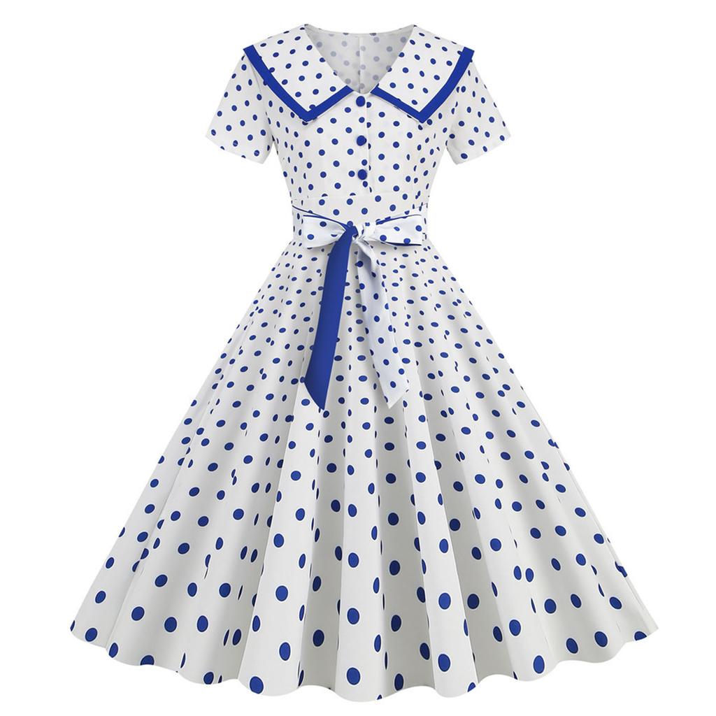 Women's Fashion Lapel Vintage Polka Dot Print Maxi Dress with Belt