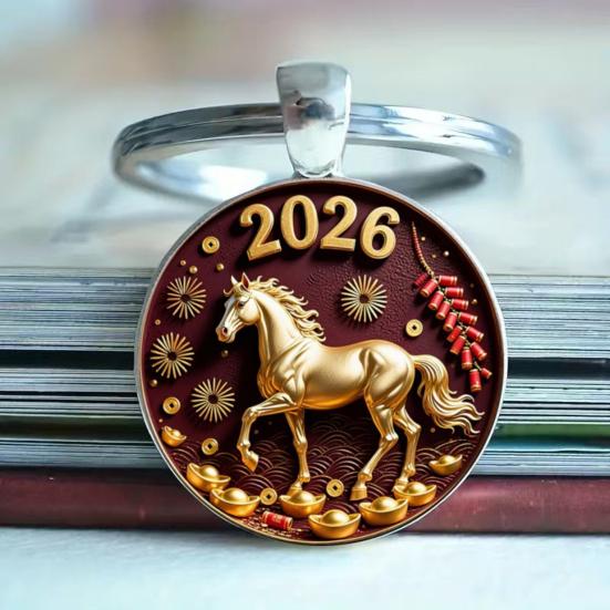 Keychain with Glass Horse Statue 2026 Year of Horse Good Luck Charm Solid Keyring Keys Backpacks Car Ornament