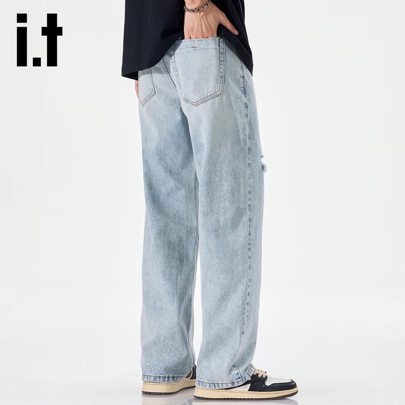 Izzue It Men's American Retro Ripped Loose Straight Jeans