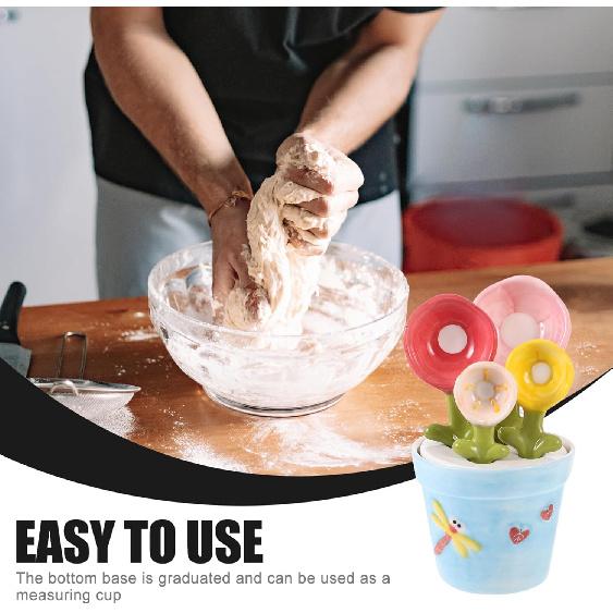 Kichvoe 1set Ceramic Flower Design Measuring Spoon with Base Cute Baking Gadget for Measuring Dry Wet Ingredients for Milk Powder