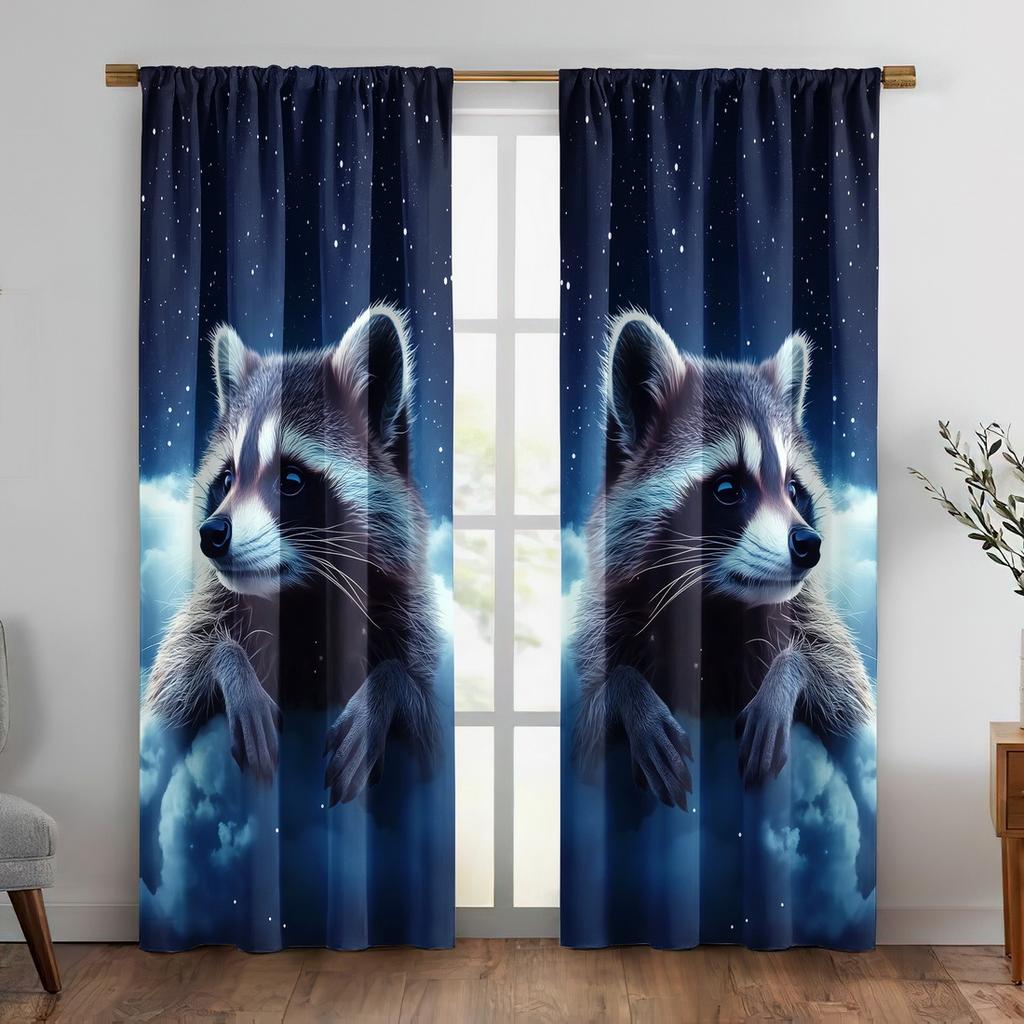 2pc Cute raccoon print curtains, polyester fabric, machine washable, suitable for bedroom and living room decoration