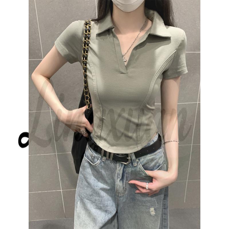 

Korean Style Slim Fit Polo Collar Short Sleeve Top for Women Medium зелений