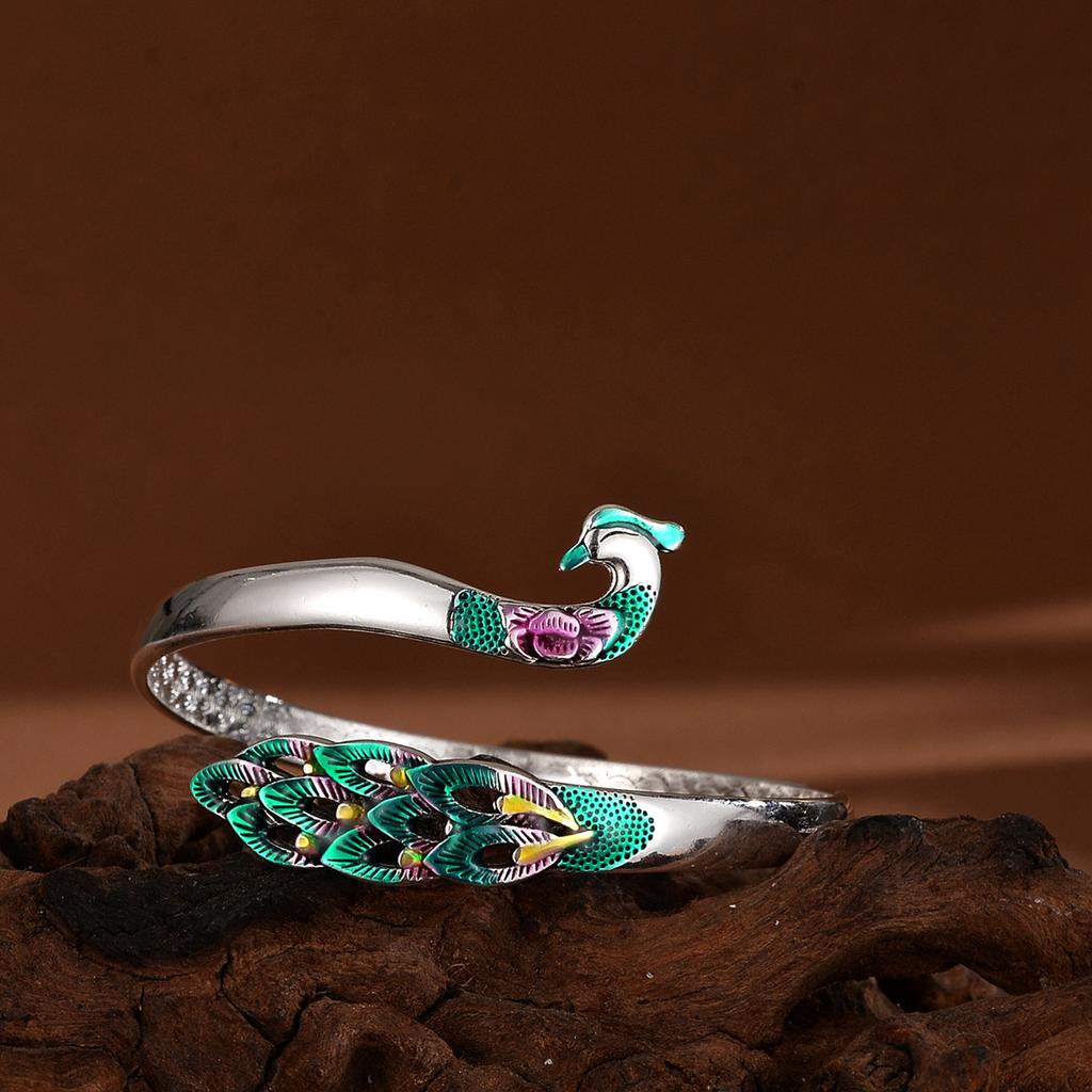 Manufacturer's Direct Sales Enamel Peacock Silver Bracelet with Ethnic Style Retro Phoenix Drop Glue Bracelet As A Birthday Gift for Friends