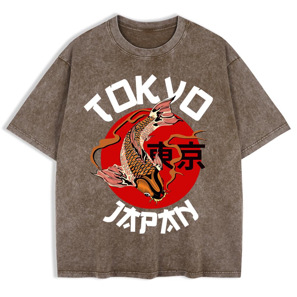 Tokyo Japan Koi Fish Printing Washed T-Shirts Mens Cotton Oversized T Shirt Summer Short Sleeve Tops O-Neck Men Clothes