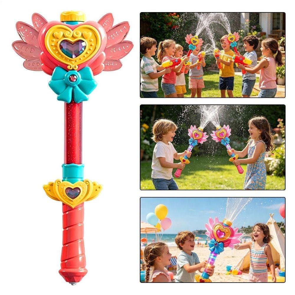 Colorful Lights Kids Water Gun Multi Hole Spray Heart And Wing Magic Wand Toy Rotating Nozzle Princess Style Fairy Water Blaster