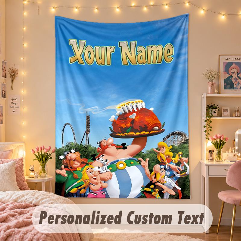Custom Personalized Tapestry,Asterix & Obelix Print Custom Name Text Wall Art Hanging for Bedroom