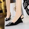 Fashion Patent Leather Shallow Mouth Pointed Toe Hollow Back Strap High Heels Shoes Rhinestone Buckle Wedges  Lady Pumps