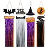 Wood Sign with Tassels Halloween Decoration Front Door Hanging Plaques Ornament with Bat Witch Pattern for Home Decors
