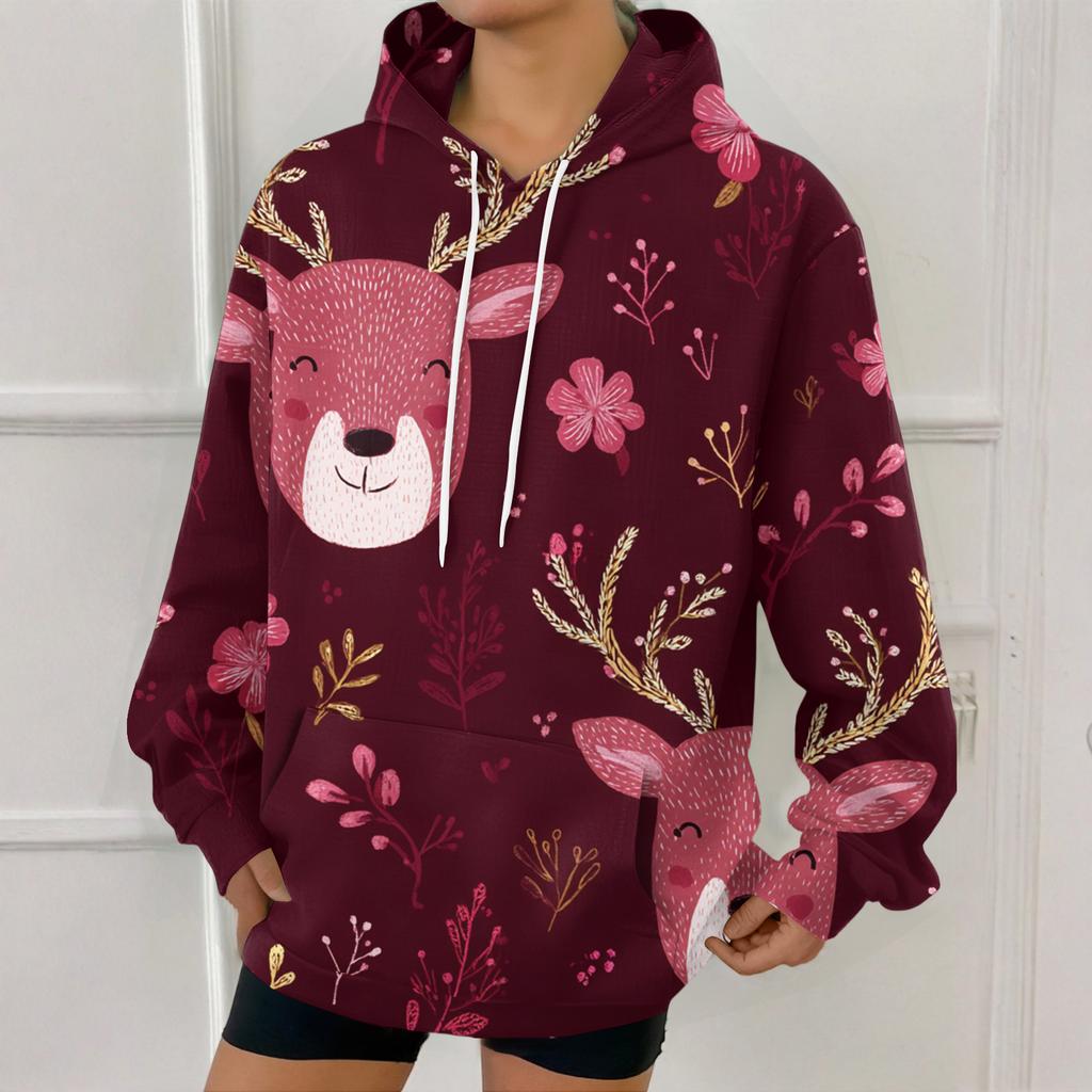 Women's Fashion Sweatshirt Christmas Print Casual Hooded Sweatshirt With Pockets