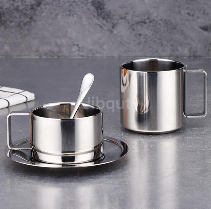 Edelstahl 180ml/200ml Kleine Tasse mit Henkel Doppellagig Hitzebeständig Wasser Kaffee Tee Tasse Set Mit Teller und Löffel Tasse