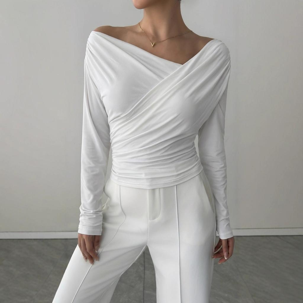 Spring Solid Off The Shoulder Off Shoulder Slim Long Sleeve Versatile Commute Top Fashion Daily Basic Office Lady Casual Slim Fit Ladies Elegant Top