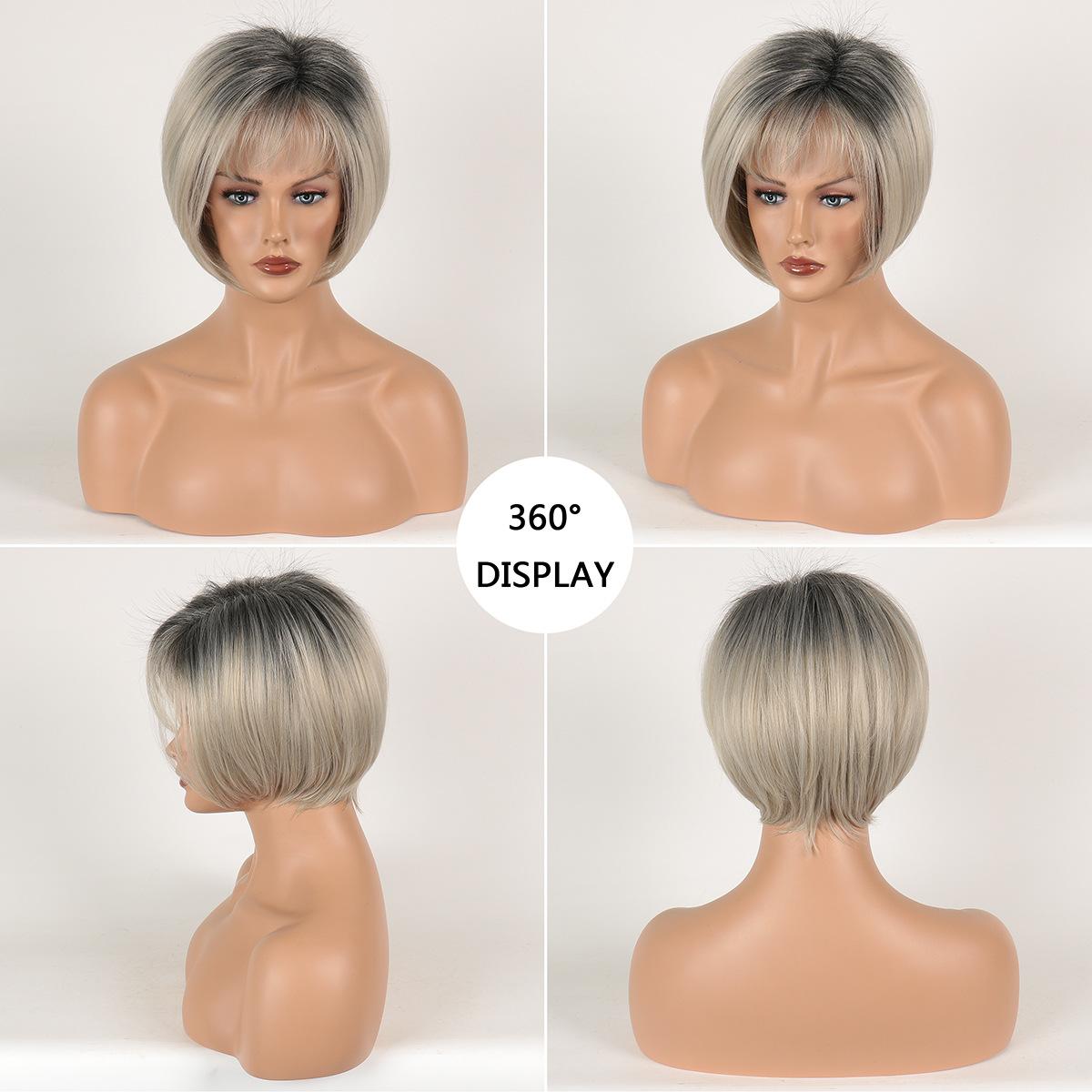 

Короткие парики Боб, блондинка с челкой для женщин, термостойкое волокно, синтетические прямые парики с темными корнями, повседневные волосы для косплея светлый