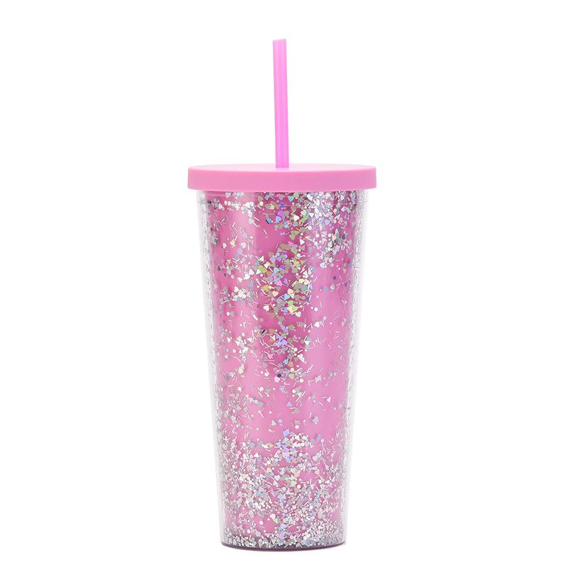 24Oz Double-Layer Plastic Cup Men'S And Women'S Sequined Shallots Glitter Creative Water Cup With Straw