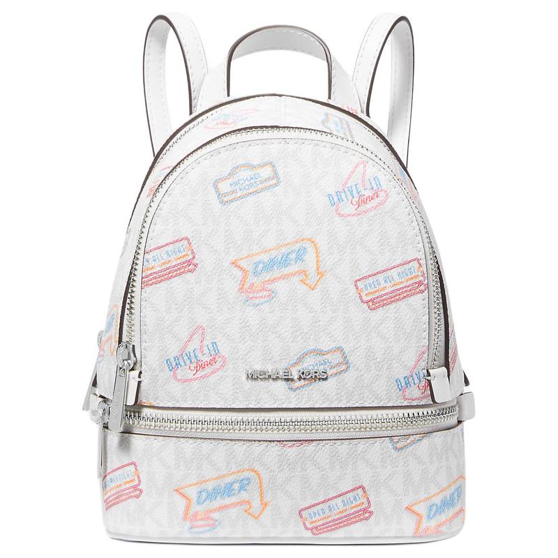 MICHAEL KORS Rhea Printed Signature Logo Silver Hardware Coated Canvas Backpack Mini Women s White серебряный