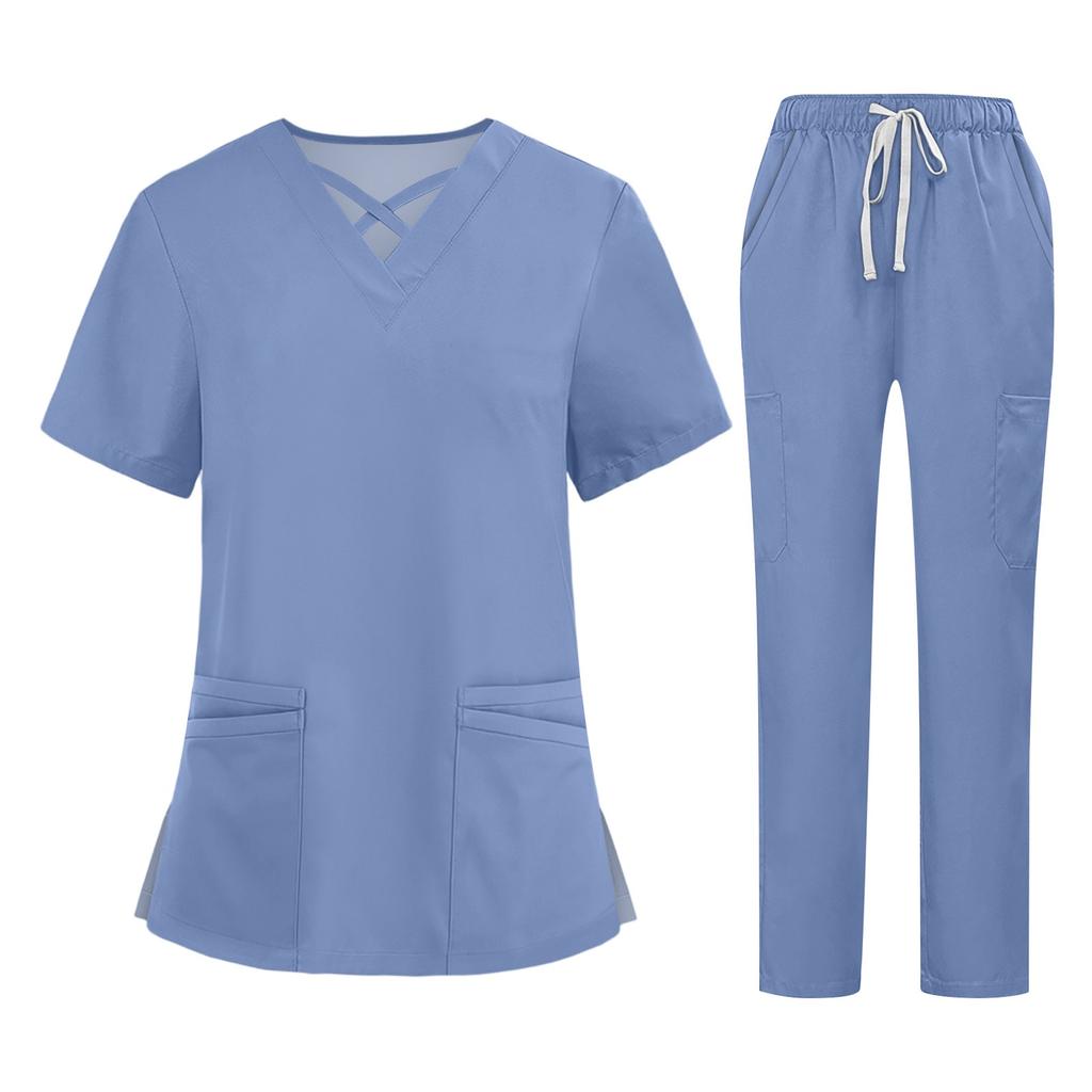 Soild Scrub Working Uniform Suit For Women's Cross V-Neck Short Sleeve Fun T-Shirts Workwear Tee With Pockets