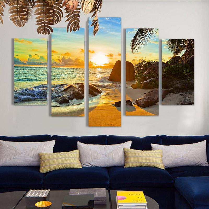 Canvas Painting Color Seaside Sunset Seascape 5 Pieces Wall Art Painting Modular Wallpapers Poster Print for Living Room  Decor