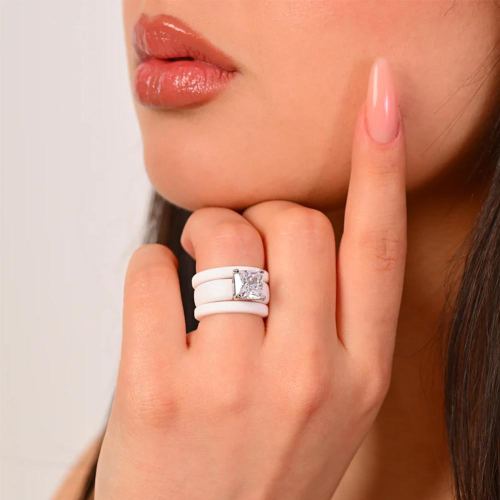 Princess Cut Cubic Zirconia Ring with 3-Layer White Ceramic Band, Modern Chunky CopperPlated Statement Ring, Bridal Promise Jew