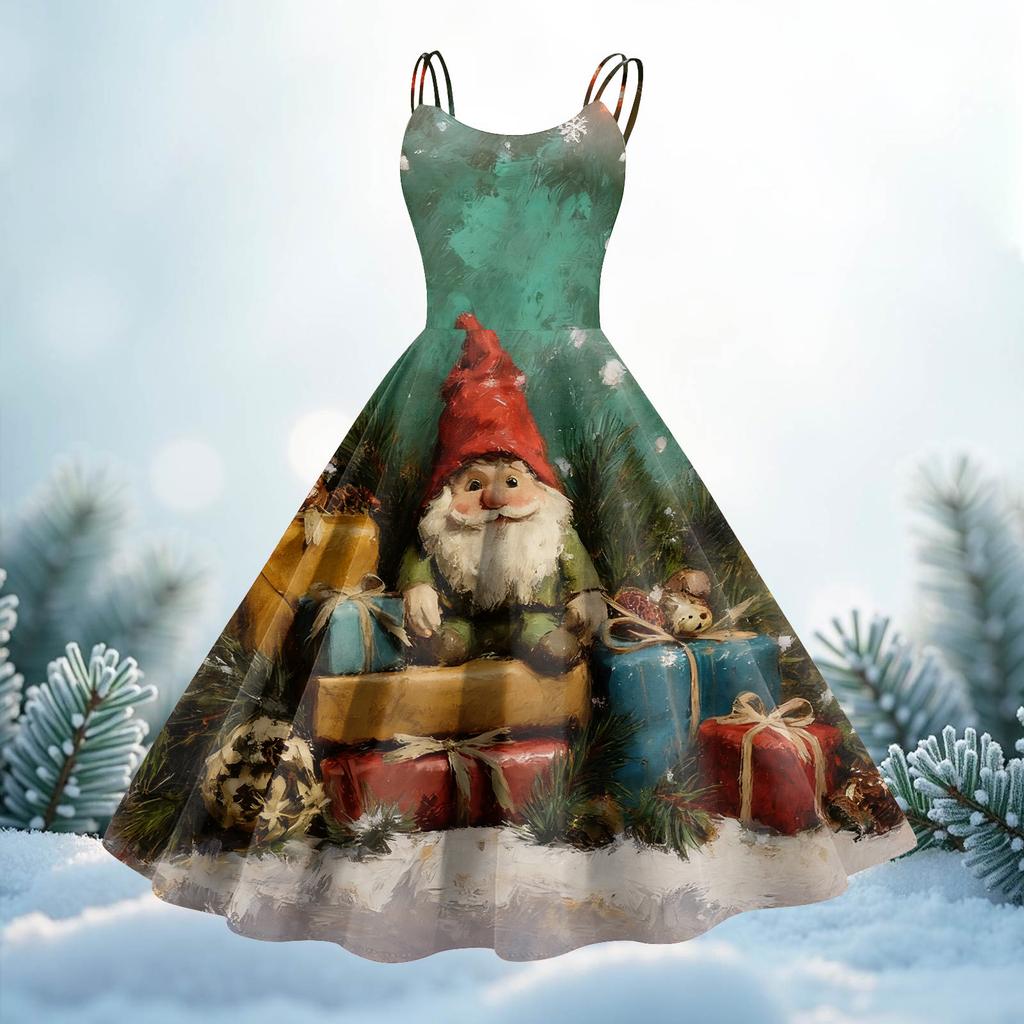 Women's Christmas Print Casual Fashion Round Neck Mid-Length Dress