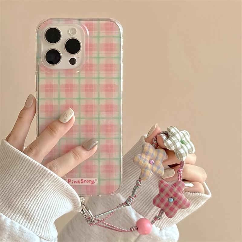Pink Checkered Phone Case For iPhone 16 15 14 13 12 11 Pro Max X XR XS Max 7 8 Plus With Checkered Small Flowers Lanyard Cover