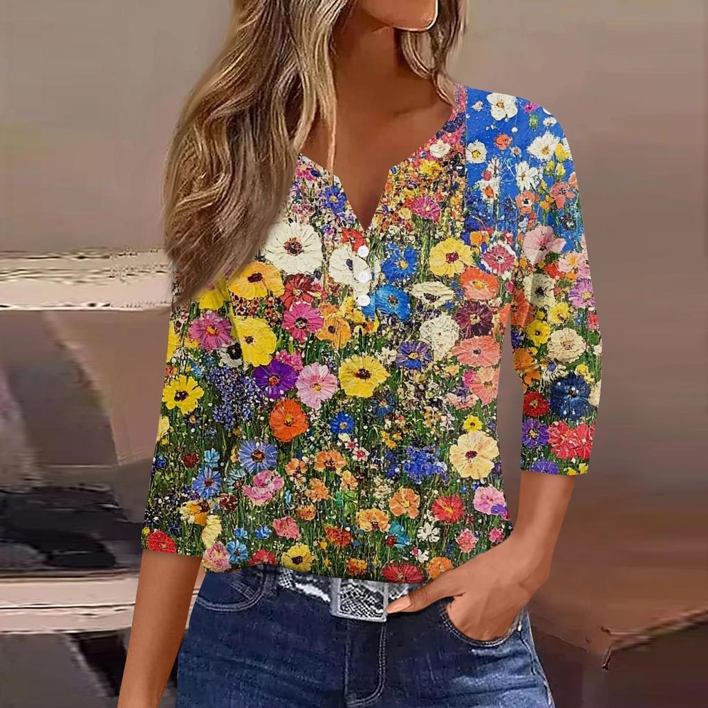 Women's T Shirt Tee Print Button  3/4 SleeveDaily Weekend Fashion Basic V- Neck Regular Top