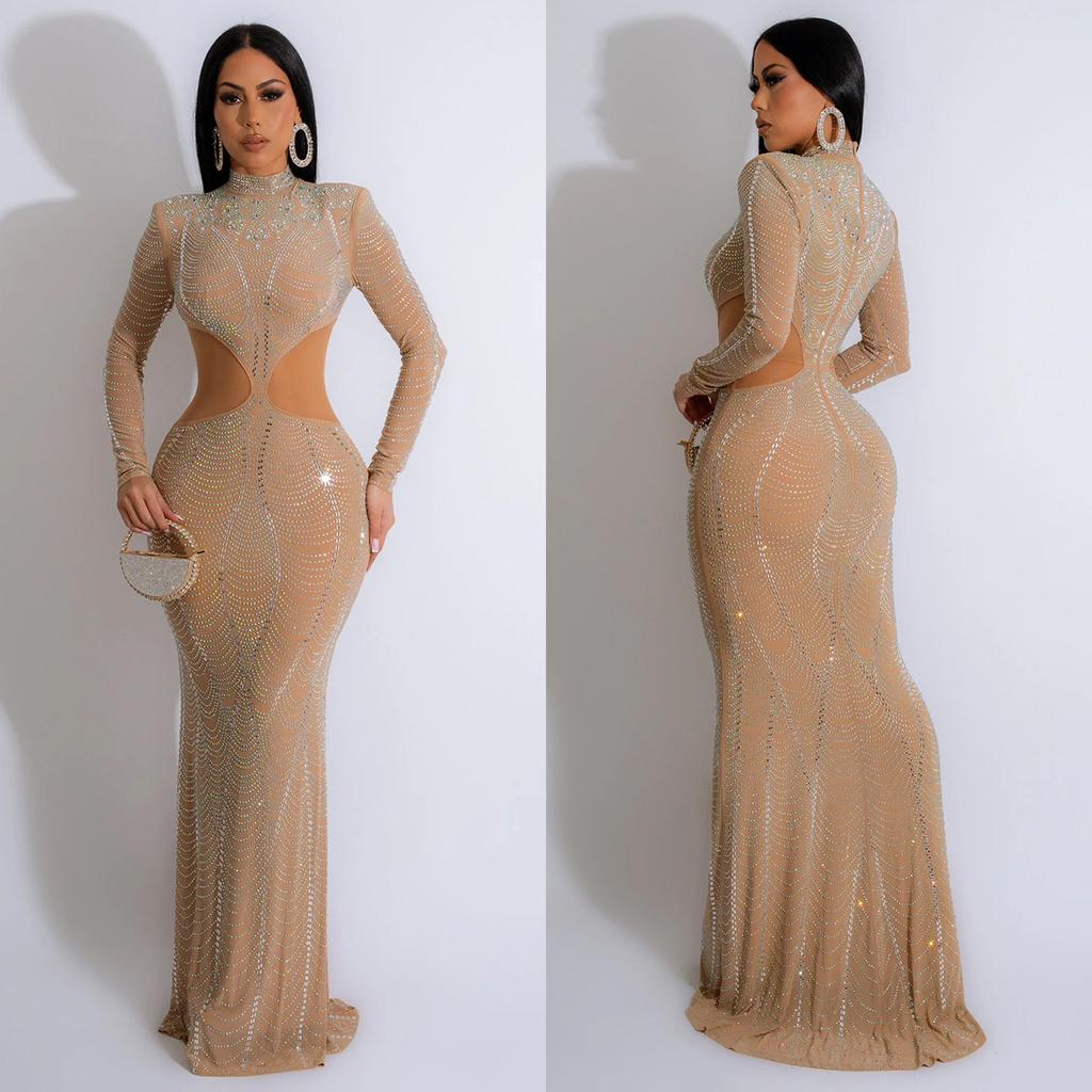European and American New Solid Color Semi-turtleneck Mesh Hot Diamond Sexy Hip-wrapped Long-sleeved Dress Women's Clothing