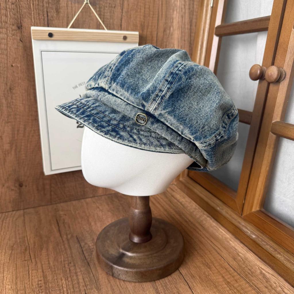 Retro and Old Washed Denim Octagonal Hat Women's Early Autumn Versatile Face Small Beret Big Head Circumference Newsboy Painter Hat