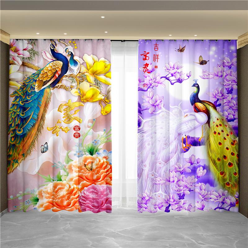 Nowy Chiński Styl Tuszowy Pejzaż Malarstwo Kwiatowe Paw Feniks Zasłona Okno od Podłogi do Sufitu Salon Tkanina Zaciemniająca Zasłona