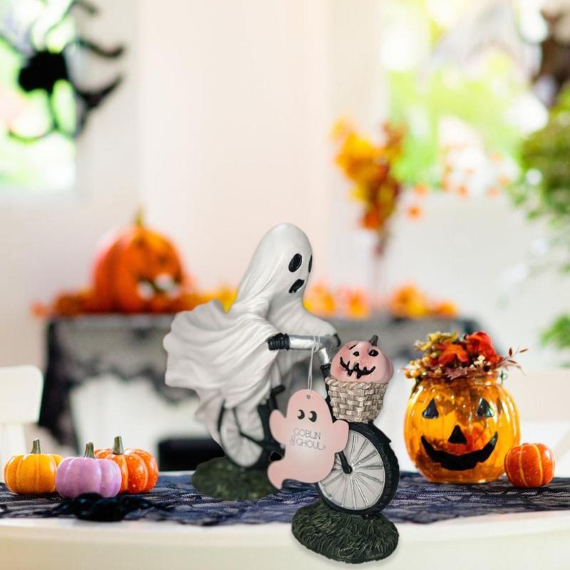 Ghostly Riding on Bicycles with Pumpkin Figurine Sculpture Indoor and Outdoor Resins Ornament Halloween Party Decoration