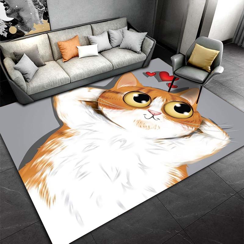 Cute Cartoon Cat Rug with Big Eyes and Hearts, Gray Background Carpet Suitable for Use As an Anti-slip for Living Room Bedroom Sofas