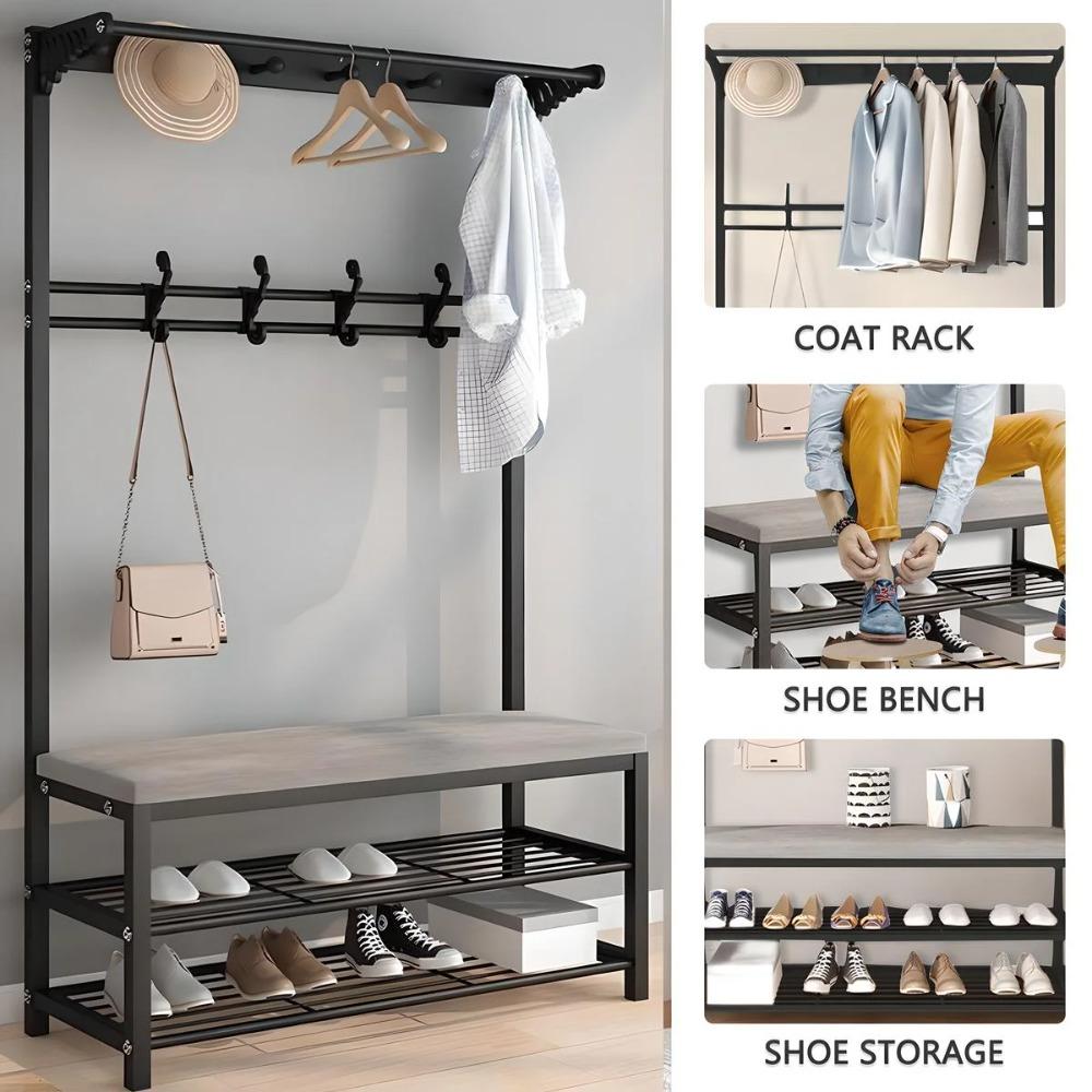 4-in-1 Coat Rack with Bench, Industrial Entryway Hall Tree with 2 Tier Shoe Rack,Black