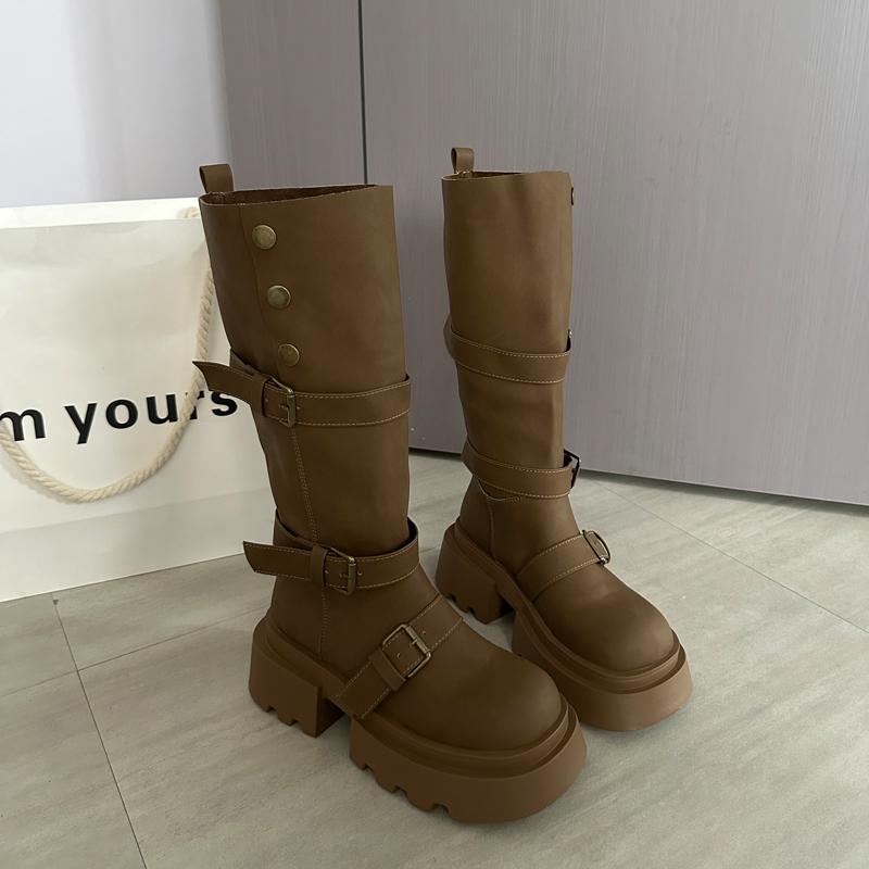 Winter Platform Thick Sole Woman Knight High Boots Fashion Belt Buckle Slip On Shoes Ladies Slim Punk Modern Long Botas