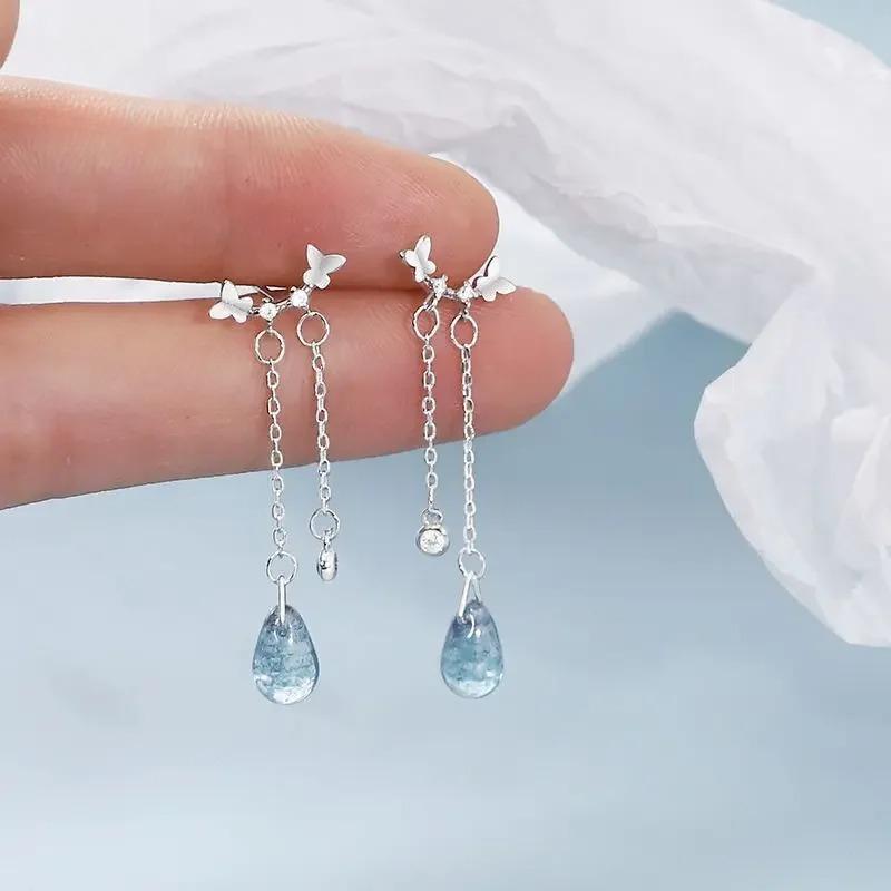 

1pair Silver Color Butterfly Blue Water Drop Tassel Earrings for Women