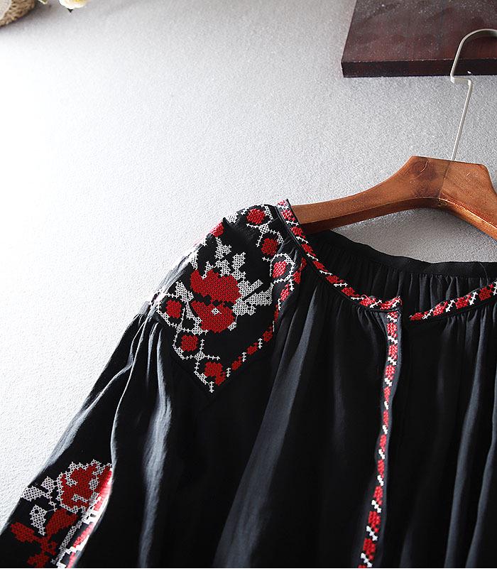 Ethnic Style Embroidered Lantern Sleeve Plus Size Cotton Linen Shirt