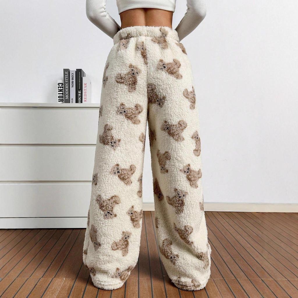 Pantalon de Pyjama en Peluche Ours Mignon pour Femmes Jambe Large Pantalon Décontracté en Peluche