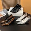 2026-1 Scarpe singole a punta con tacco alto europee e americane da donna, nuova moda, bocca leggera, sexy, stampa leopardata, fiocco, scarpe singole, scarpe da donna