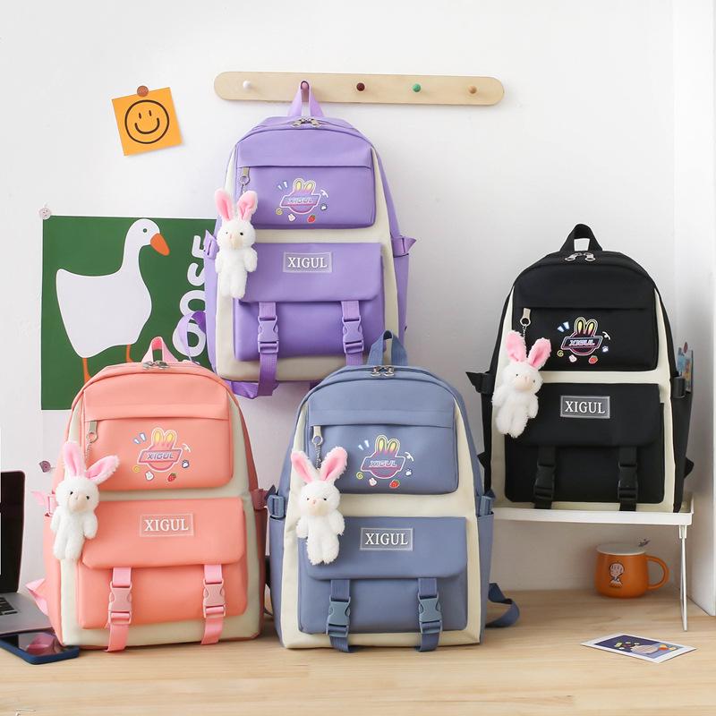 Schoolbag Korean Version Contrasting Color Design Backpack Unisex Four-piece Set Cute Cartoon Casual Fashion Travel Backpack
