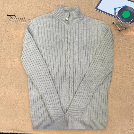 Fall Winter Men Coat Zipper Closure Knitted Cardigan Stand Collar Long Sleeves Solid Color Thick Elastic Loose Striped Texture Daily Wear Knit Jacket