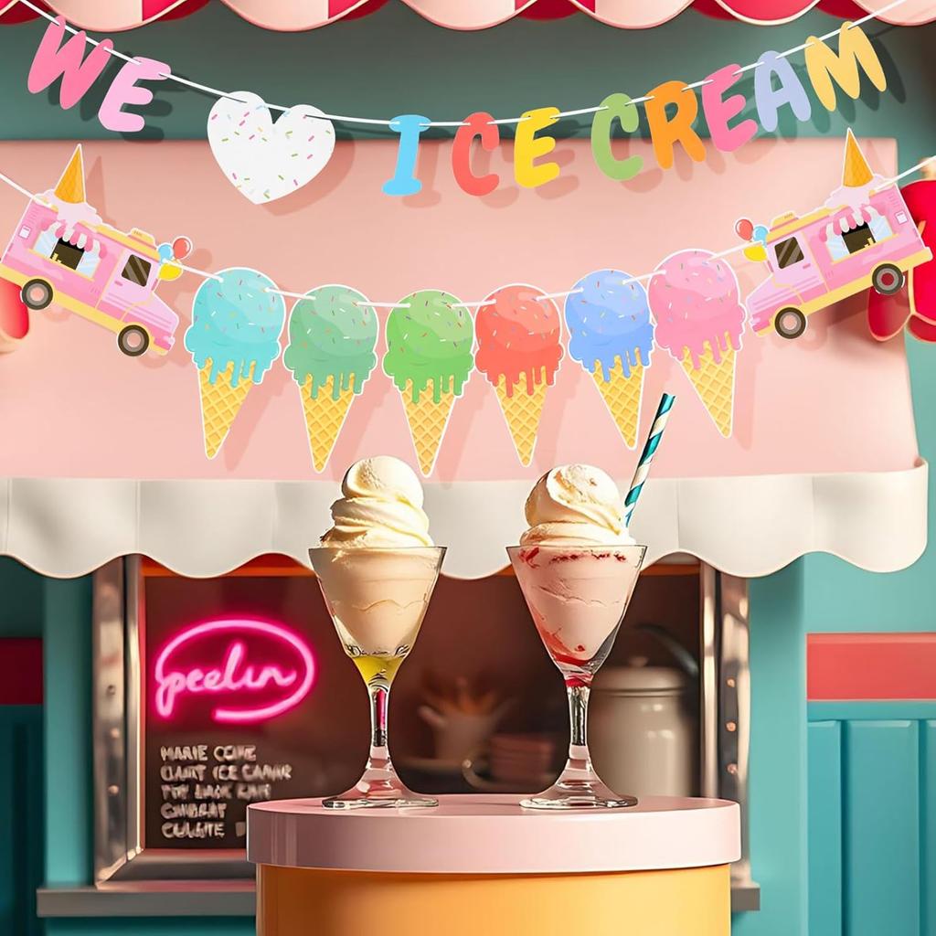 4 Pcs Ice Cream Banner Garland Ice Cream Birthday Party Decorations Supplies Icecream Bar Sign Streamer Decor for Summer Pool Beach Baby Shower