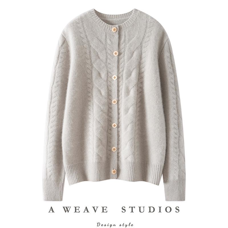 Women's Cable Knit Cashmere Cardigan - Thick, Round Neck, Single-Breasted, Slimming Fit for Autumn/Winter