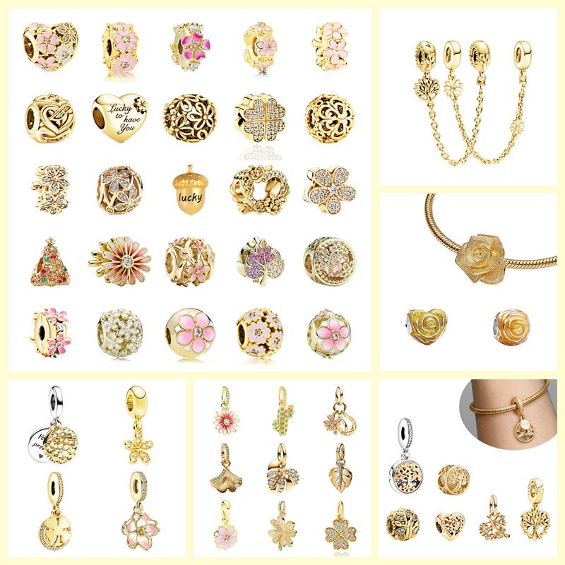 New Golden Flowers Collection Charm Bead Lucky Shamrock Rose in Bloom Daisy Flower Safety Chain Compatible With Authentic Bracelets Do It Yourself Jew