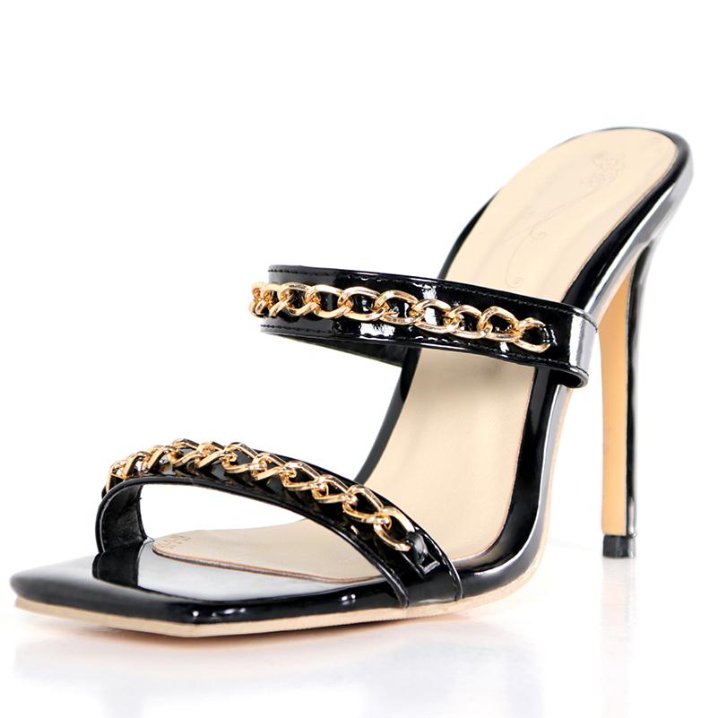 

Ультравысокий тонкий каблук, квадратный носок, открытый носок, металлическая цепочка в качестве декора, внешние шлепанцы, материал из лакированной кожи с блеском, сексуальные шлепанцы 39 чёрный