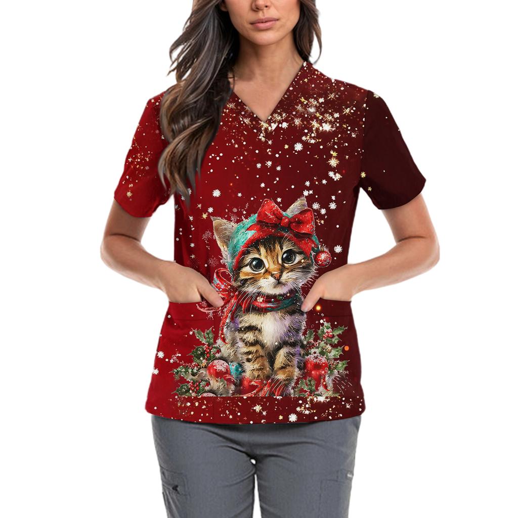 Women's Cute Bow Printed Work Clothes V-neck Double Layer Pockets Basic Short Sleeve Top Pullover