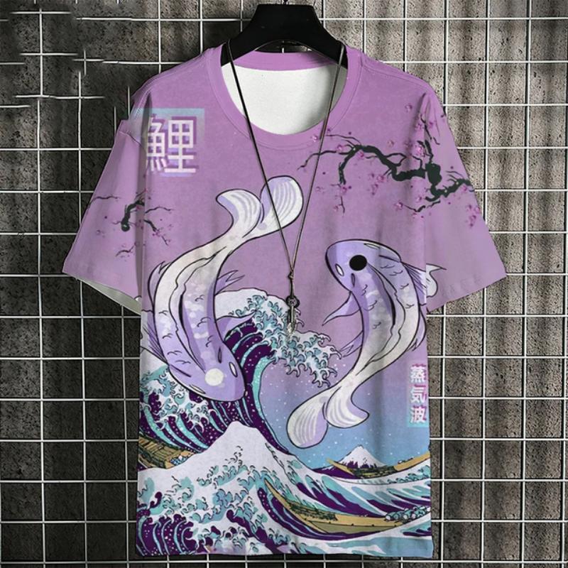 Ukiyo-E T-Shirt For Men Japanese Koi Carp Pattern Tshirts Casual Unisex Top Breathable Comfortable Summer New Oversized Clothing