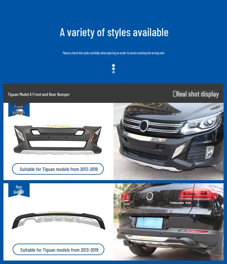 Fits 13 Tiguan models: front/rear bumpers; 15 models: front bumper guard; 16-18 models: front/rear bumper guards.