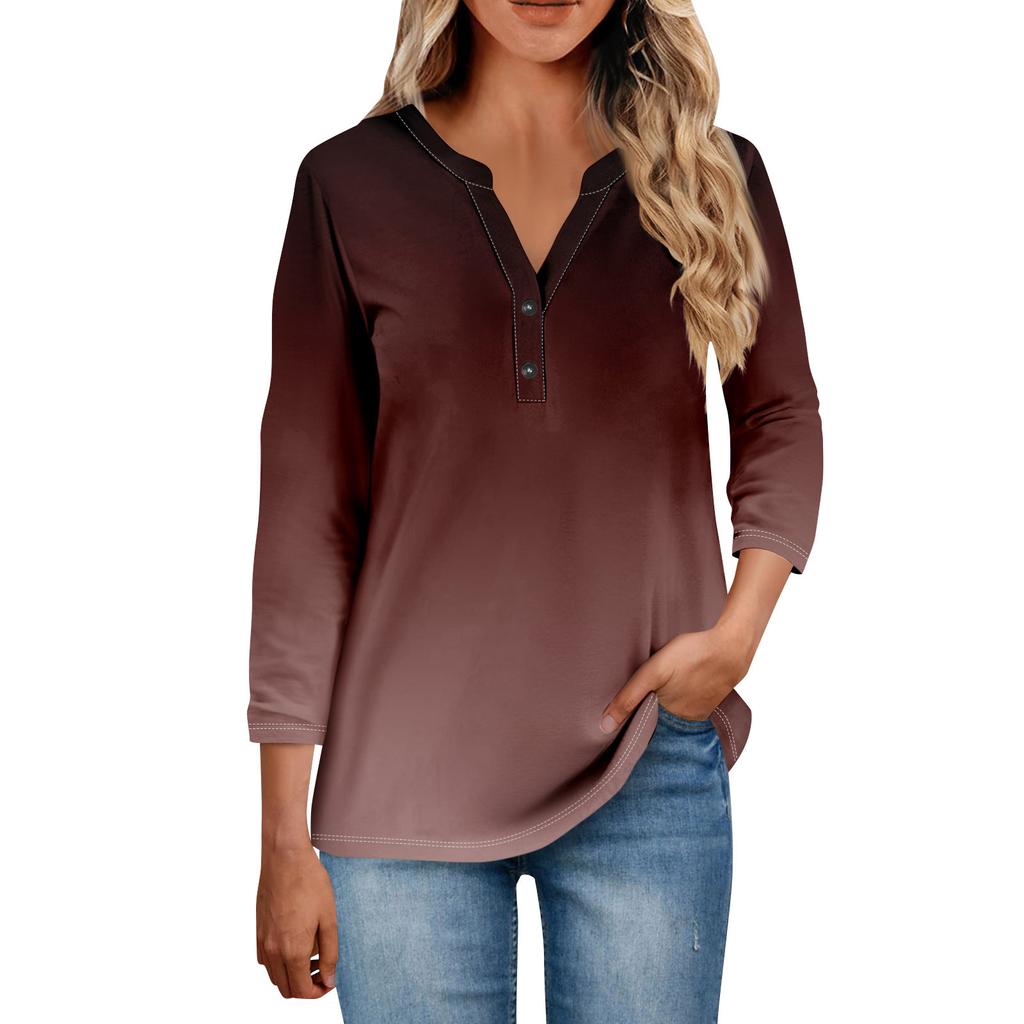Women's Button Neck Tops Women's Casual Everyday Tops 3/4 Sleeve V Neck Fashion Print Shirt Tops Pocket Tee Sweatshirts
